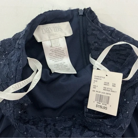 David's Bridal Navy Strapless Lace Bodice Gown with Beaded Waist - Picture 5 of 9